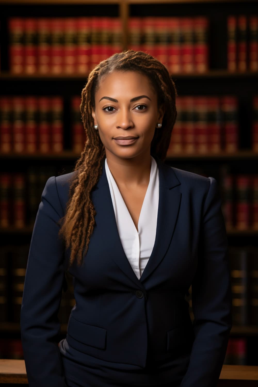 A professional in a navy suit standing in front of shelves of books